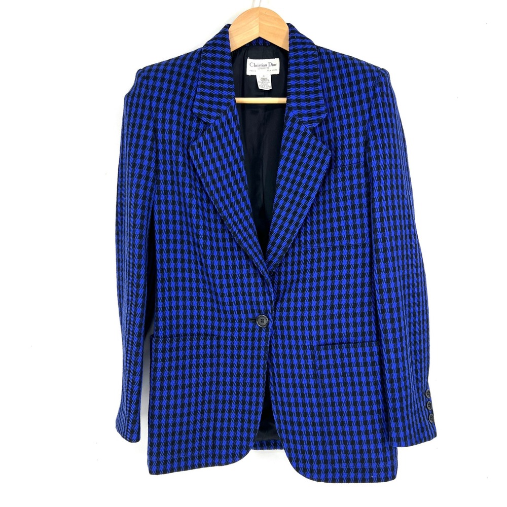 Christian Dior Seperates Houndstooth Vtg Blazer Jacket Womens 4 Royal Blue Black